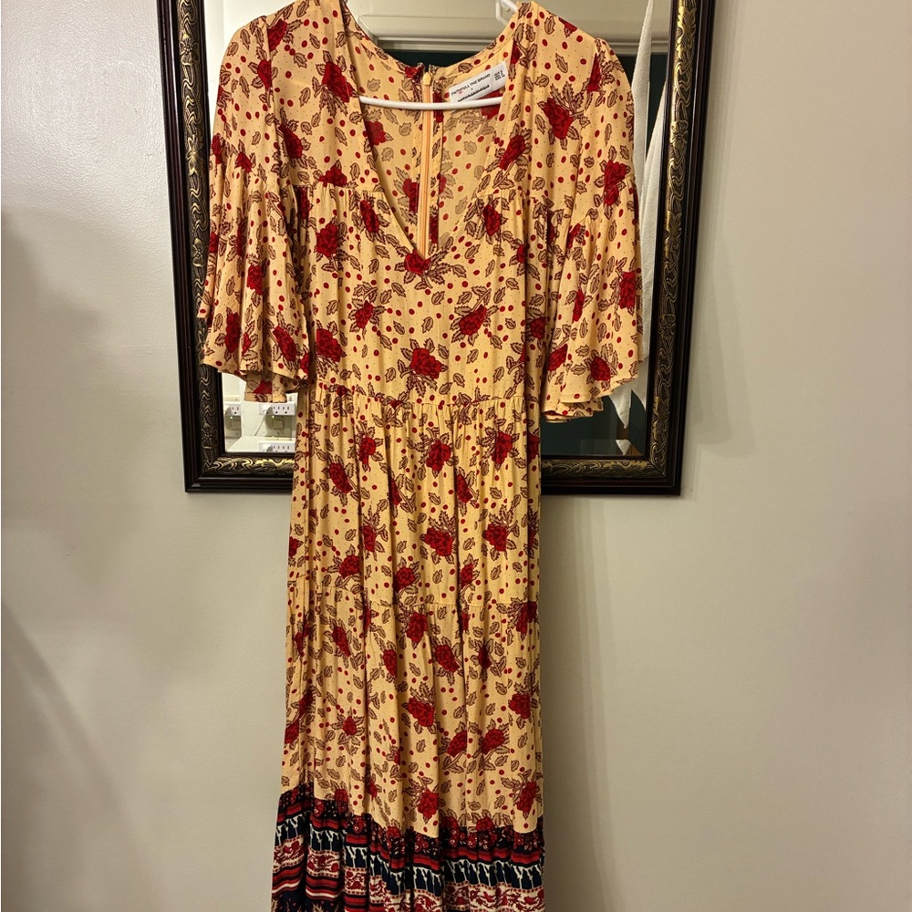 Faithfull the Brand Mustard Maxi Dress with Red Floral Print